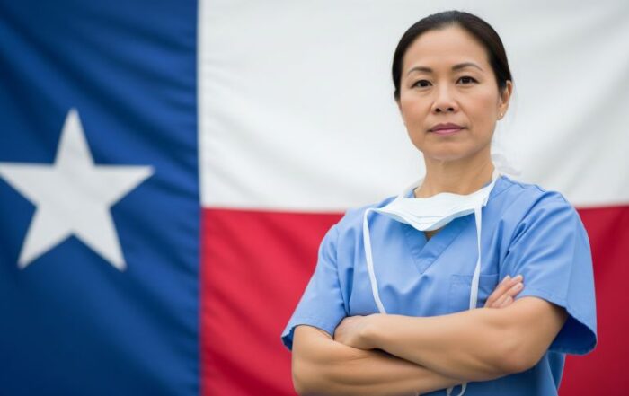image of an OBGYN surgeon in front of a Texas state flag