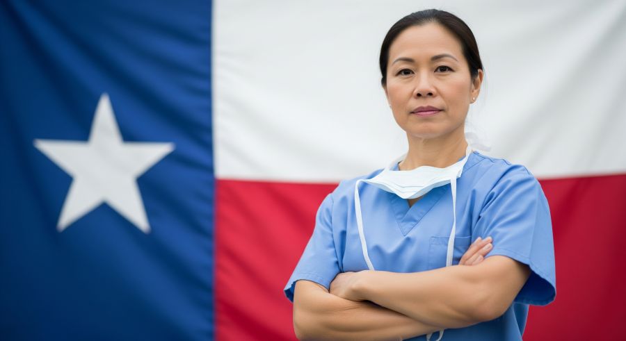 image of an OBGYN surgeon in front of a Texas state flag